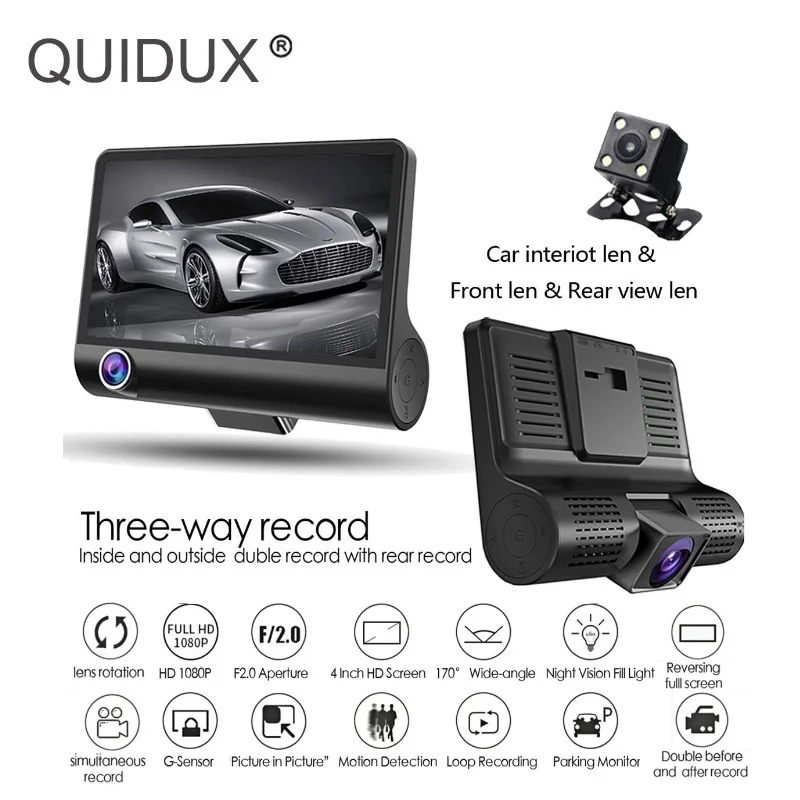 Dash Cam 4 Inch FHD 1080P Car DVR Camera 3 Lens Recorder 170 degree Night Vision Parking Monitor Loop Recording Truck Bus DVRs