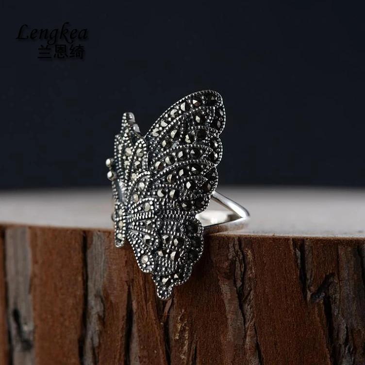 

Lengkea jewery Real 925 sterling silver ring Vintage marcasite butterfly opening ring women rings women jewelry charms Gifts