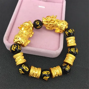 

Wholesale Vietnam Sand Gold Double Pixiu Charm Bracelet Natural Six Words Black Onyx Beaded Bracelet Fashion Men's Cuff Jewelry