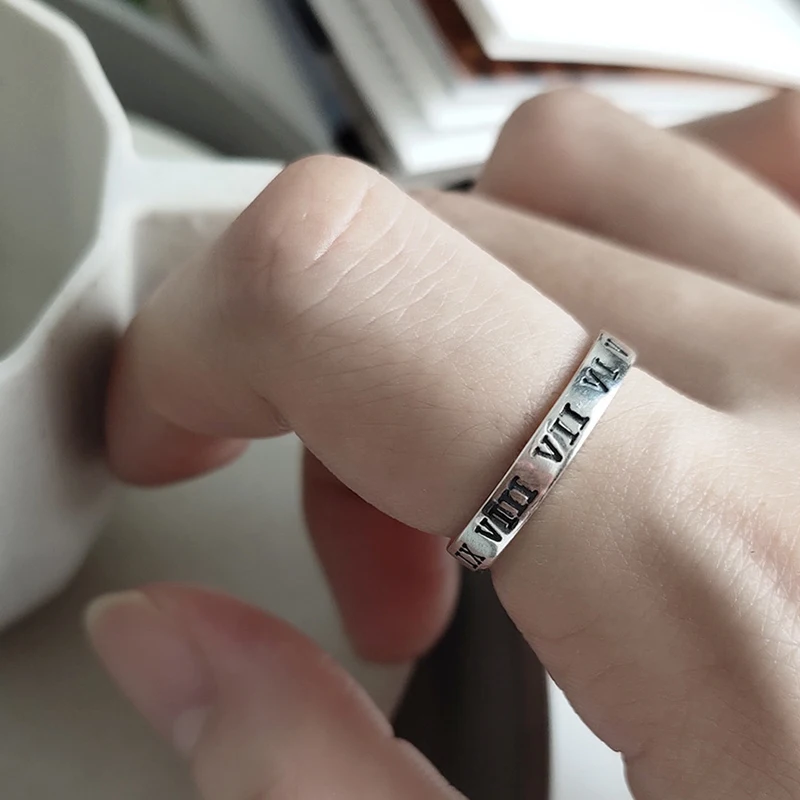 

Korean Vintage Ring Opening For Women Rome Digital Lettering Silver Ring 925 For Female Statement Ring Friends Elegant Gift F757