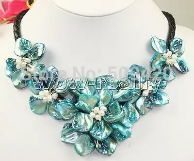 

Free Shipping WONDERFUL!PEARL&BLUE SHELL FLOWER NECKLACE