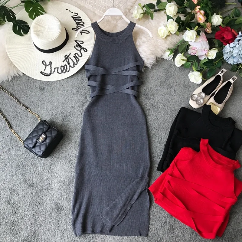 

Gagarich Fashion 2019 Stretch Bodycon Dresses Ladies Knitted Sexy Vest Solid O-neck Women Bandage Dress Robe Femme Vestidos