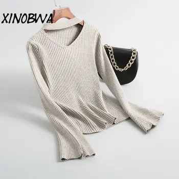 

Europe New Women Spring Autumn High Street Fashion Sexy V Neck Hollow Out Flare Sleeve Thin Sweater Female Elastic Slim Pullover