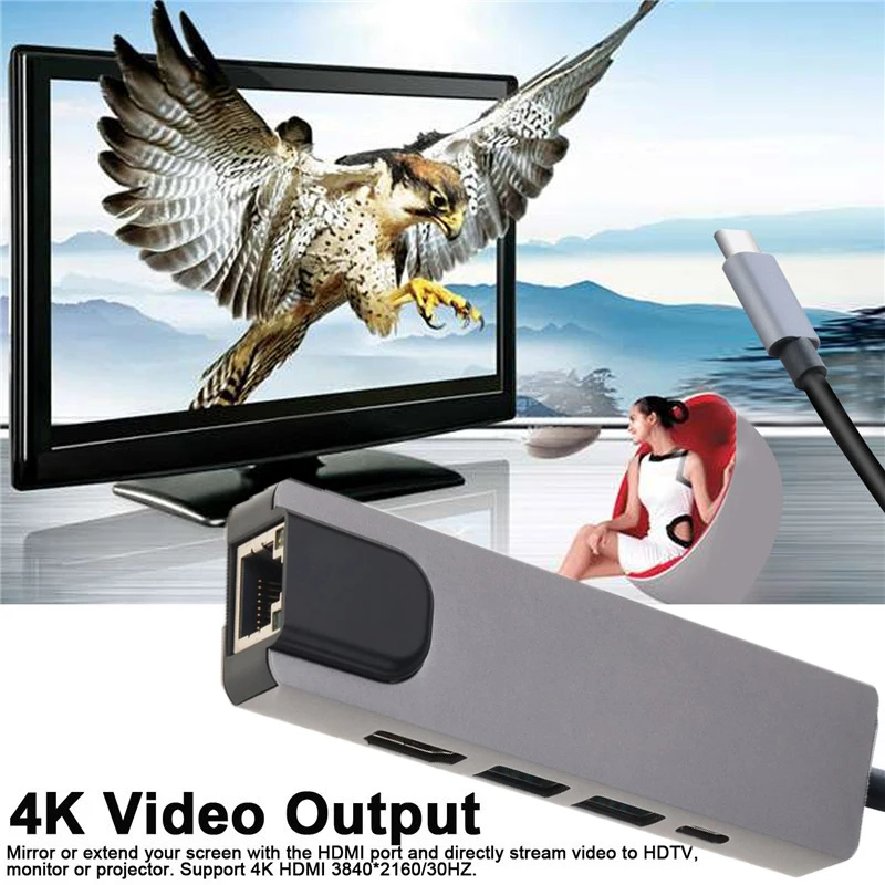

USB3.1 Type C To HDMI 4K USB 3.0 Adapter Video Converter For MacBook to TV 1000M Gigabit Ethernet Lan RJ45 Network Card Cable