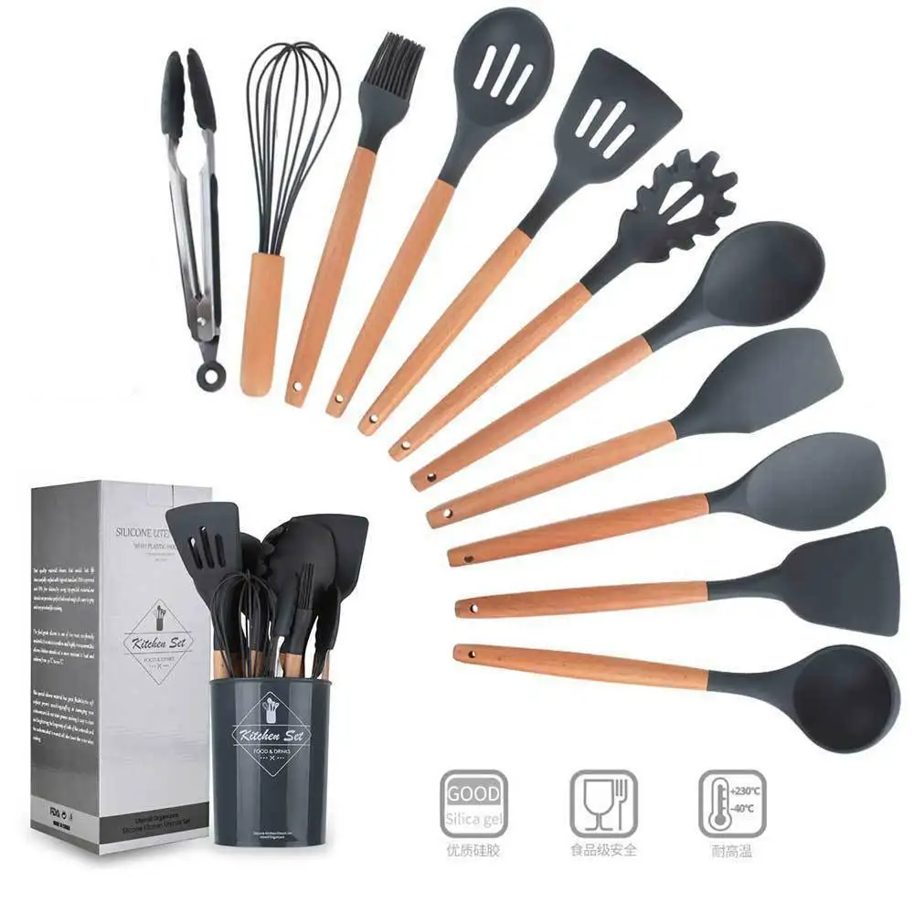 

9/12PCS Silicone Cooking Utensils Set Wooden Handle Silica Gel Non-stick Spatula Shovel Kitchen Tool Bake Cultivate Suit