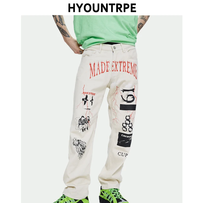 

Fashion Graffiti Printed Denim Jeans Mens Casual Spring Summer Hip Hop Painted Straight Pants Men New Streetwear Zipper Trousers