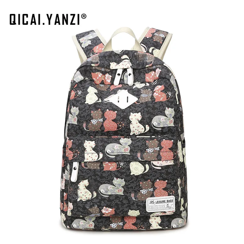 QICAI YANZI 2017 New Girls High Capacity Schoolbag Women Canvas Cat Printing Backpacks Mujer Mochila Escolar