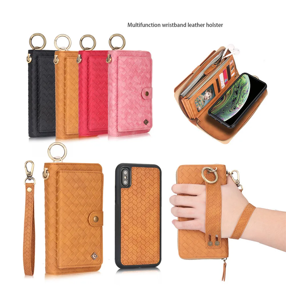 

Zipper Wallet Phone Case Woven Leather Protection Case with 14 Card Slots Buckle Magnet Back Cover for iPhone X XR XS MAX 7 8