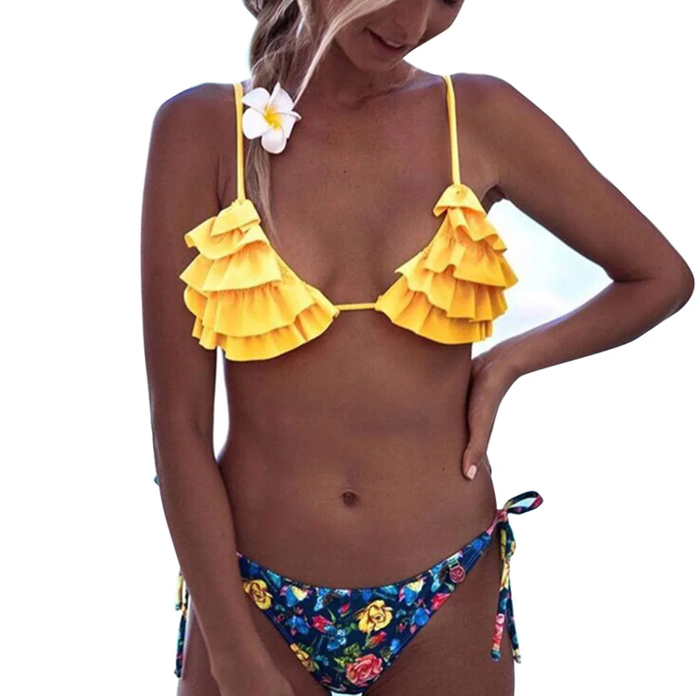 

2019 Newly Women Halter Bandage Bikini Set Push-up Ruffle Bra Flower Printed Summer Beach Swimwear 19ing