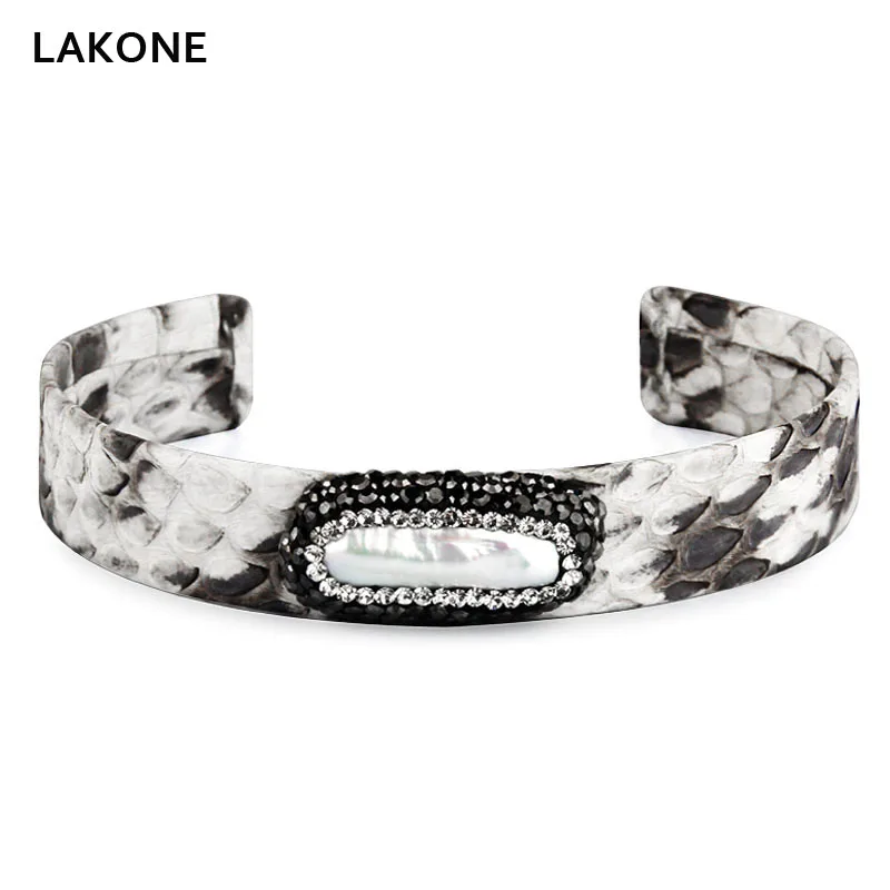 

2019 Handmade Snake Striae Leather Bracelet Bangles Freshwater Pearl Crystal Cuff Bangle For Women Men Wris Fashion Jewelry