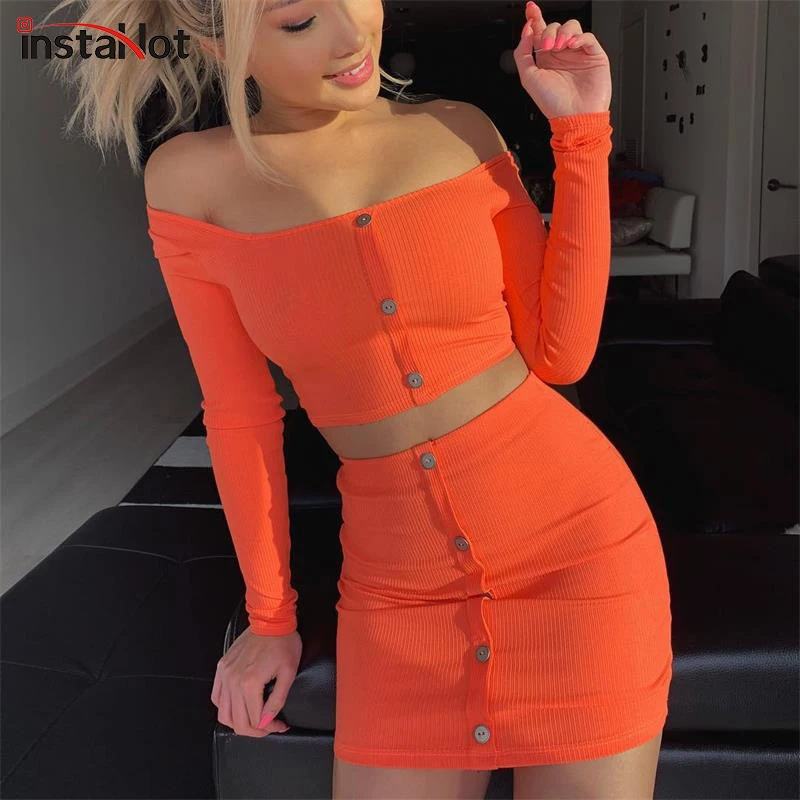 

InstaHot Orange Knitted Off Shoulder 2 Piece Set Women Spring Summer Button Skinny Slash Neck Crop Tops Sexy Mini Skirts Elastic