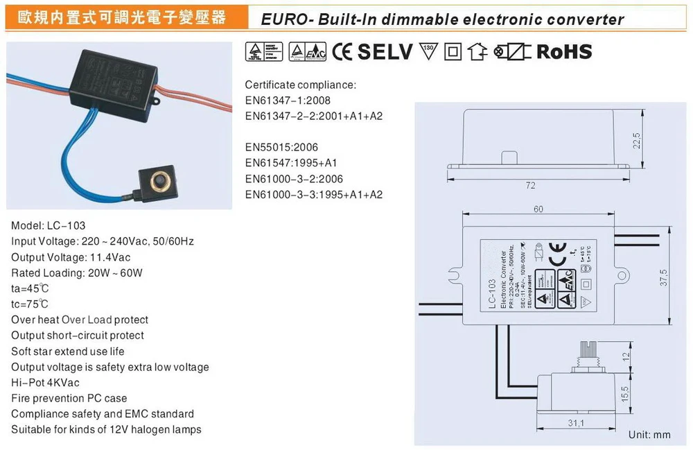 LC-103 220-240V AC Вход евро-встроенный Dimmable электронный преобразователь для 12-тивольтная галогенная лампа для задних фар освещение 20-60W Очки виртуальной реальности VR затемнения