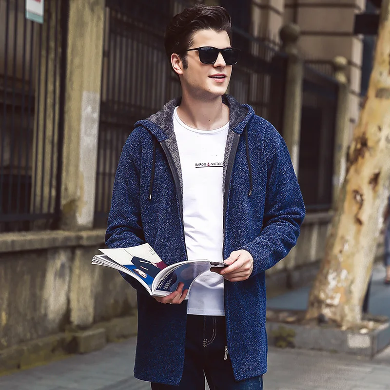 

winter sweaters with hats and sweaters,plus velvet thickened medium and long sweater men's coats