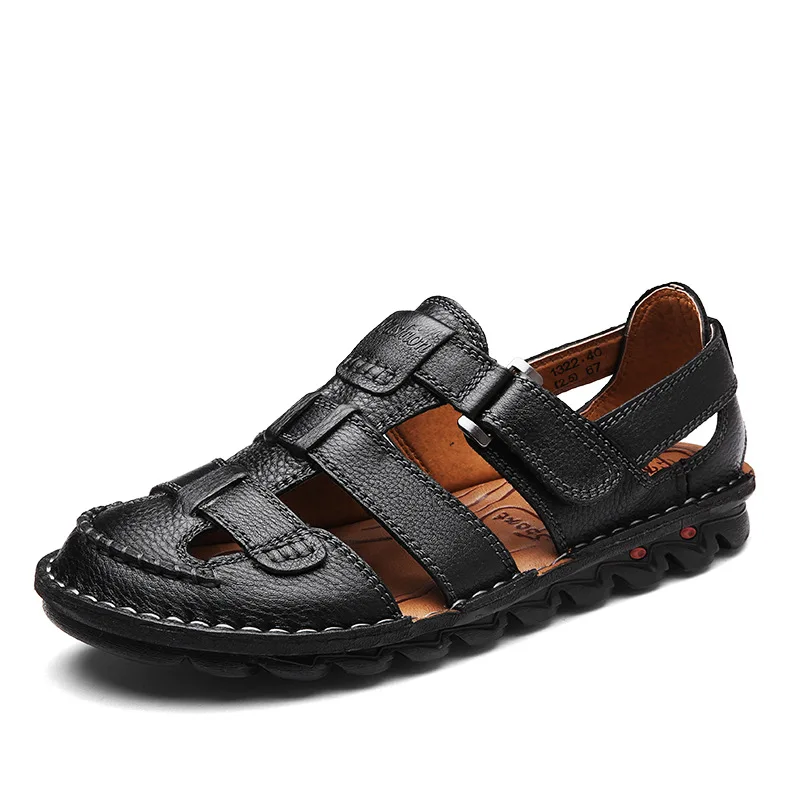 Merkmak/Брендовые мужские летние дышащие сандалии; пляжная обувь из натуральной кожи; повседневные Нескользящие тапочки; высококачественные лоферы; 5 заказов - Цвет: Black