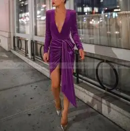 Сексуальное красное бархатное короткое коктейльное платье с глубоким v-образным вырезом и длинными рукавами, черное облегающее Макси-платье с поясом, фиолетовые Вечерние платья - Цвет: Фиолетовый