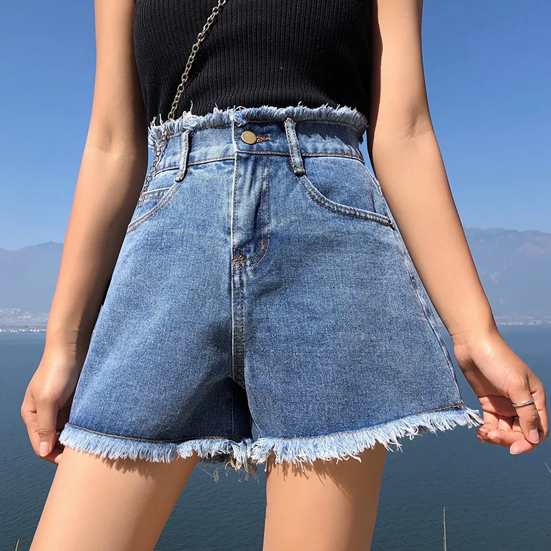 

BerylBella Summer Women Shorts 2019 Loose High Wiast Blue Wide Leg Loose Female Denim Shorts For Women Casual Shorts Mujer