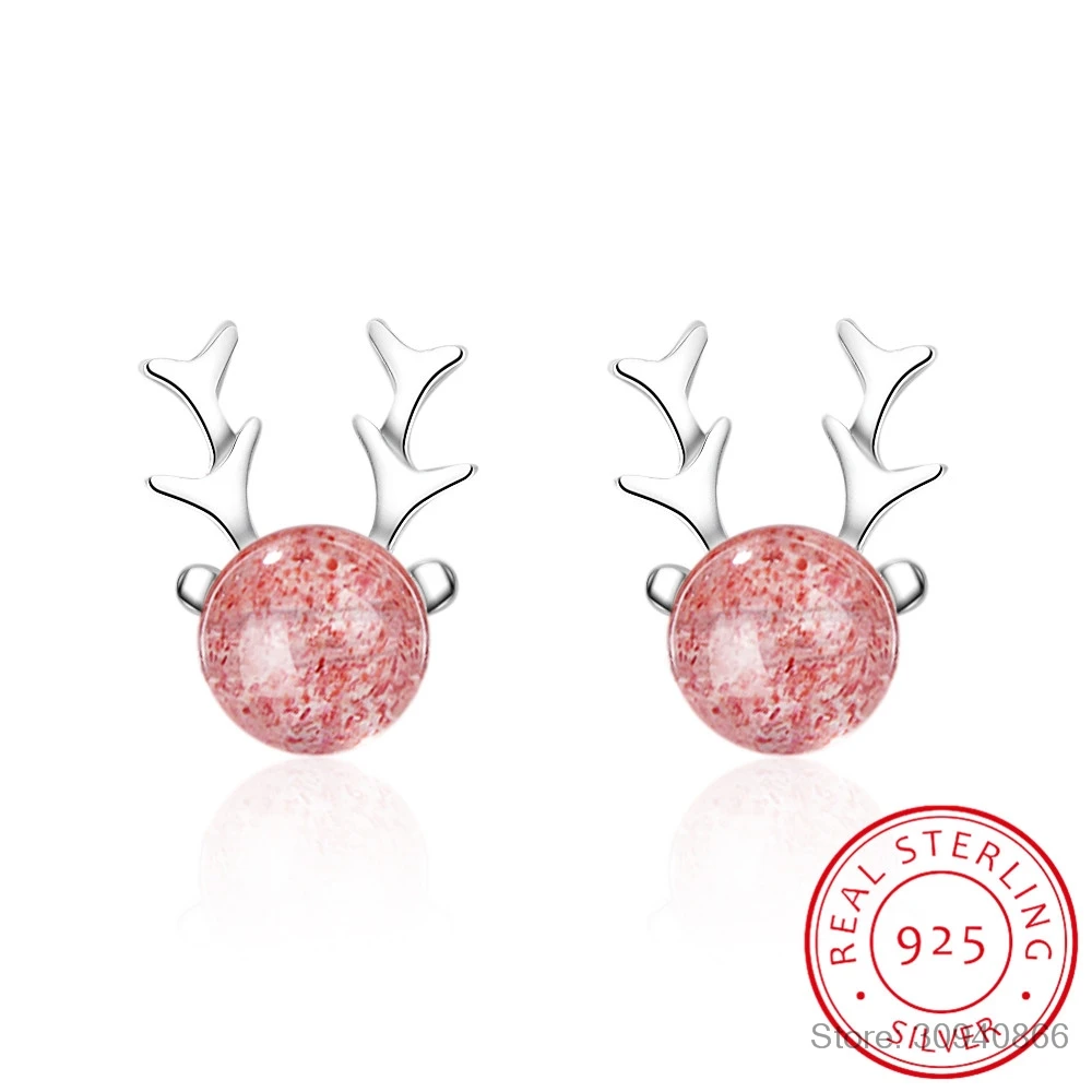 

925 Sterling Silver Sweet Cute Pink Deer Small Stud Earrings For Women Personality Strawberry Crystal Animal Present