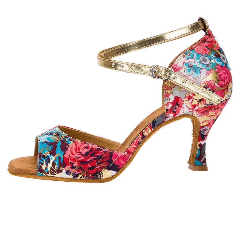 HXYOO/ Новое поступление, женская обувь для латинских танцев, атласная мягкая подошва, красный и синий цветок, бальные туфли, сальса, высокий каблук, открытый носок, WK060