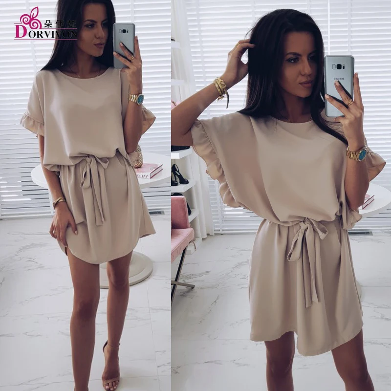 

New Fashion O-neck Chiffon Loose Dress Casual Batwing Sleeve Ruffle Dresses Elegant Belt Slim Women Mini Vestidos bandage dress