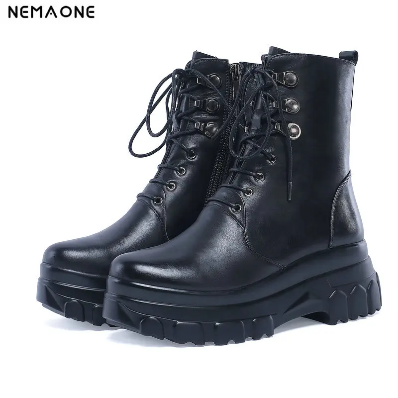 

NemaoNe Women's Boots Autumn genuine Leather Handmade Retro Finishing Boots Platform Shoes woman Boots