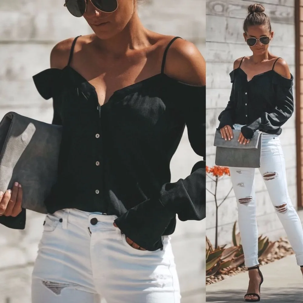 SINFEEL 2018 Women Shirts Blouses Long Sleeve Sexy Spaghetti Strap Off Shoulder Ladies Blouse Tops OL Office Style Chemise Femme