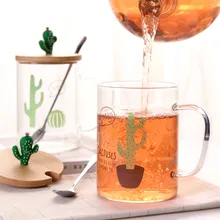 BearPaw Новое поступление Короткие прозрачные стеклянные чашки печать кактус с бамбуковой крышкой и ложкой хорошо для кофе молоко и чай Прямая поставка