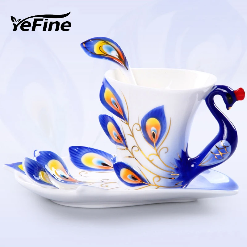 

YeFine Ceramics Creative Design Peacock Coffee Cups Ceramic 3D Enamel Porcelain Cup with Saucer and Spoon Coffee Tea Sets