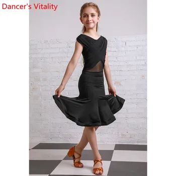 

Latin Dance Practice Clothes Children Sleeveless Black Splicing Dress Rumba Samba Tango Dancing Training Outfits Stage Wear