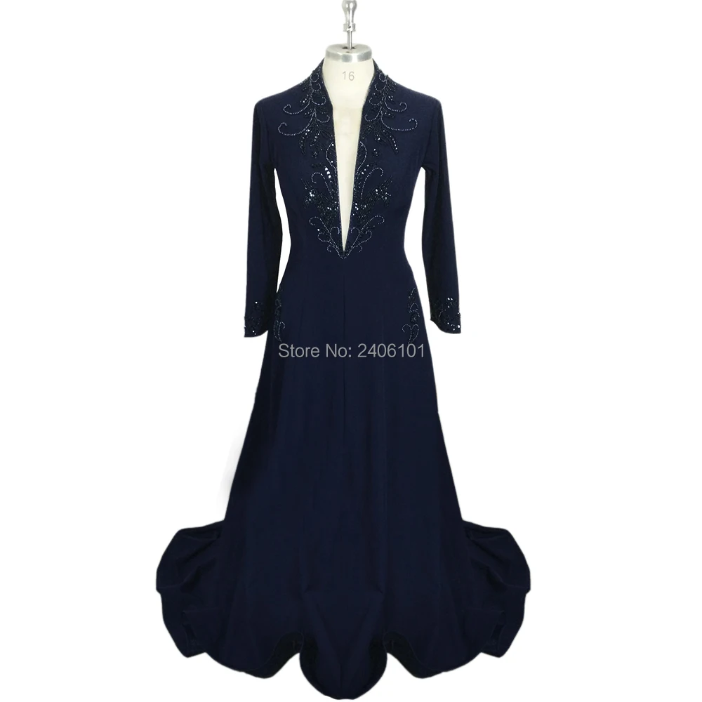 Navy Blue Satin Evening Dresses Embroidery Plunging V Neck Full Sleeve Beaded Formal Floor Length Wedding Party Dress | Свадьбы и