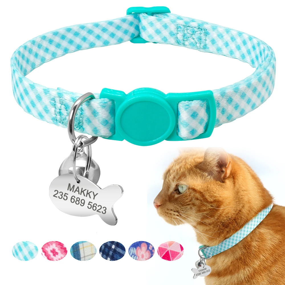 Nylon Breakaway Cat Collar with Bell Personalized Bling Heart Cat ID Name Tag 