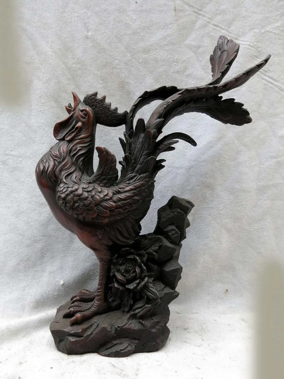 

Fine Red bronze sculpture China copper beautiful Rooster tree peony Statue (D0426)