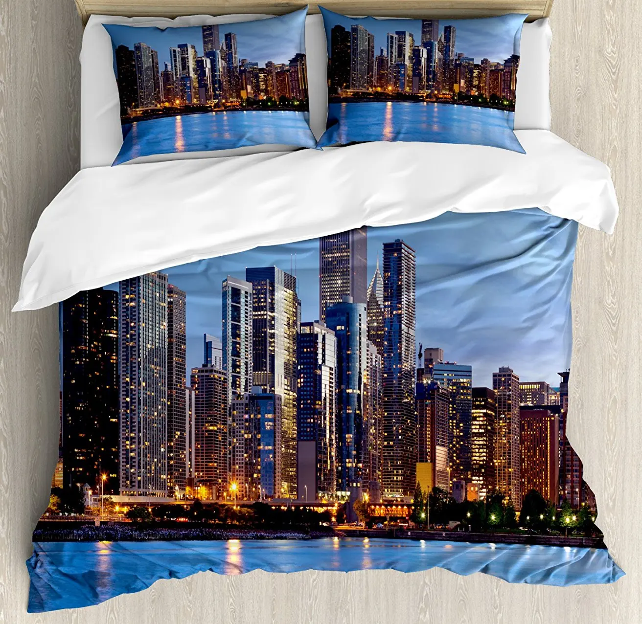 

Chicago Skyline Duvet Cover Set, Sunset in Big City with Dramatic Sky Skyscrapers Evening by Lake 4 Piece Bedding Set