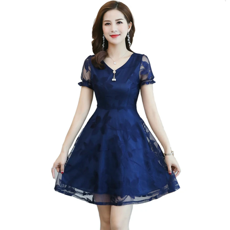 

Summer Dress Women 2019 5XL Plus Size Fashion Casual V Neck Slim Floral Lace A Line Dress Hollow Out Swing Short Dresses