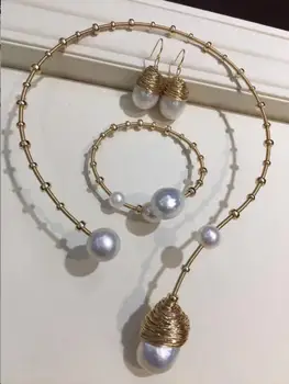 

free shipping >>>>noble jewelry Handmade 15-24mm south sea baroque kasumi pearl necklace earring bracelet set 9k