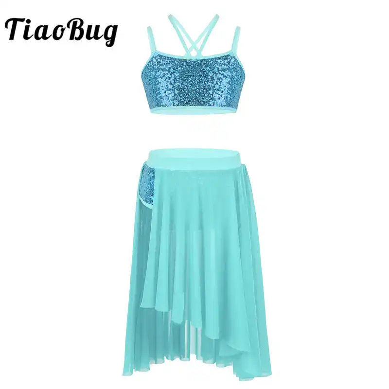 Girl Long Sleeve Dance Dress Tulle Lyrical Ballet X-back Crop Top+Long Skirt Set