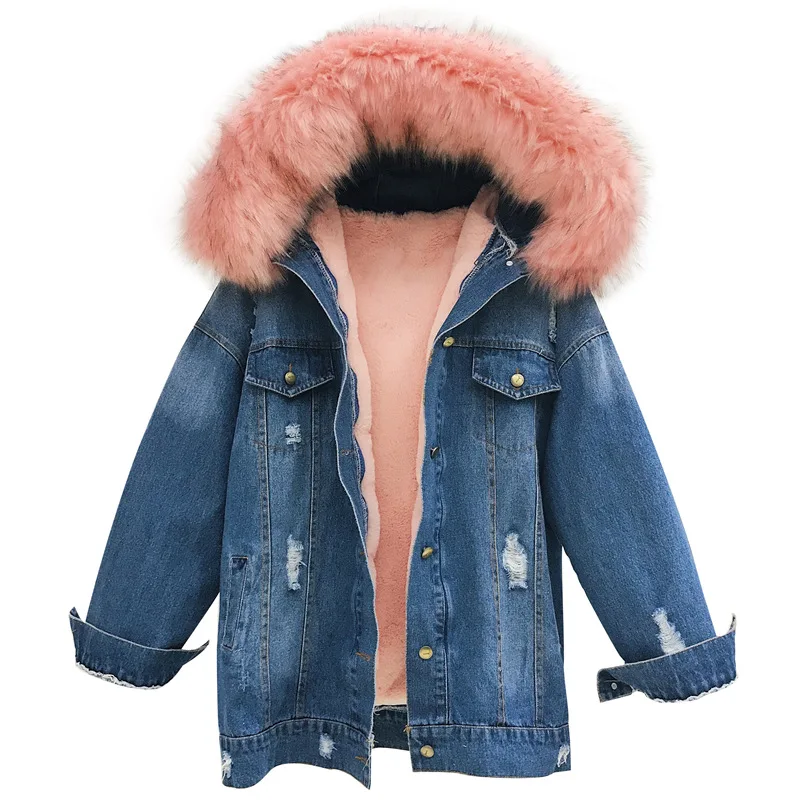 Winter Add Fur Denim Jacket with Hood Warm Thick Parkas