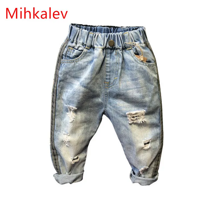 Mihkalev 2018 spring baby boy ripped jeans for kids denim trousers