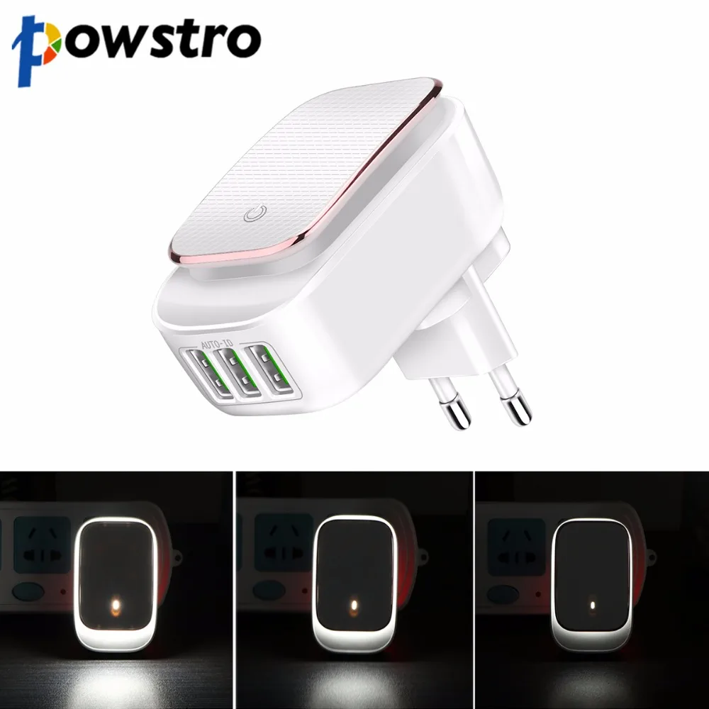 Powstro 3 Порты и разъёмы USB Зарядное устройство Адаптер 5В 3.4A светодиодный ночной Светильник 17 Вт Авто-ID Складная заглушка для телефона дорожное настенное зарядное Зарядное устройство для samsung S8 S7