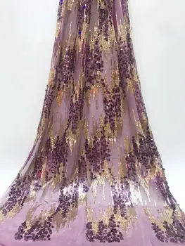 

High quality french lace fabric with sequin purple african tulle fabric nigerian lace fabrics 2019 Gold wedding lace fabric