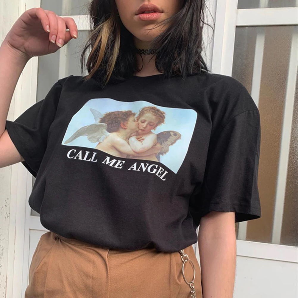 

Couple wearAngel Cupid Print Black Short sleeve T Shirt Women Streetwear Casual Loose Summer Vintage Aesthetic Graphic Tees tops