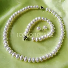 Цена для высокого блеска 10-11 мм, плоские круглые белый набор пресноводных жемчужин(ожерелье+ браслет+ серьги