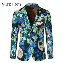 YUNCLOS, зеленый, с цветочным принтом, Мужской Блейзер, повседневные, вечерние, для свадьбы, пиджак, для банкета, ужина, вечерние, тонкий, Блейзер, для мужчин, на двух пуговицах