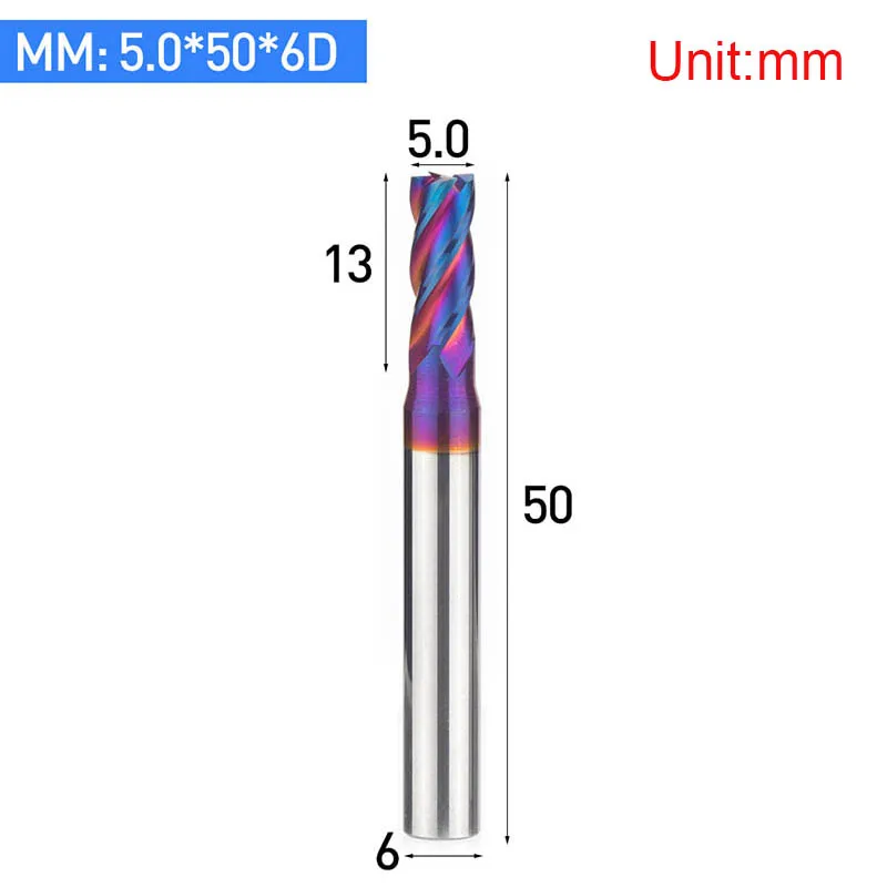 Карбид вольфрама HRC 65 градусов 4 флейты нано синее покрытие Концевая фреза хвостовик 4 6 8 10 мм затвердевает для алюминиевого сплава фреза - Длина режущей кромки: L00307