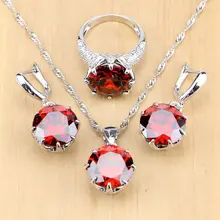 Темно-Красный кубический цирконий белый CZ 925 серебряные ювелирные наборы женские серьги/кулон/ожерелье/кольцо