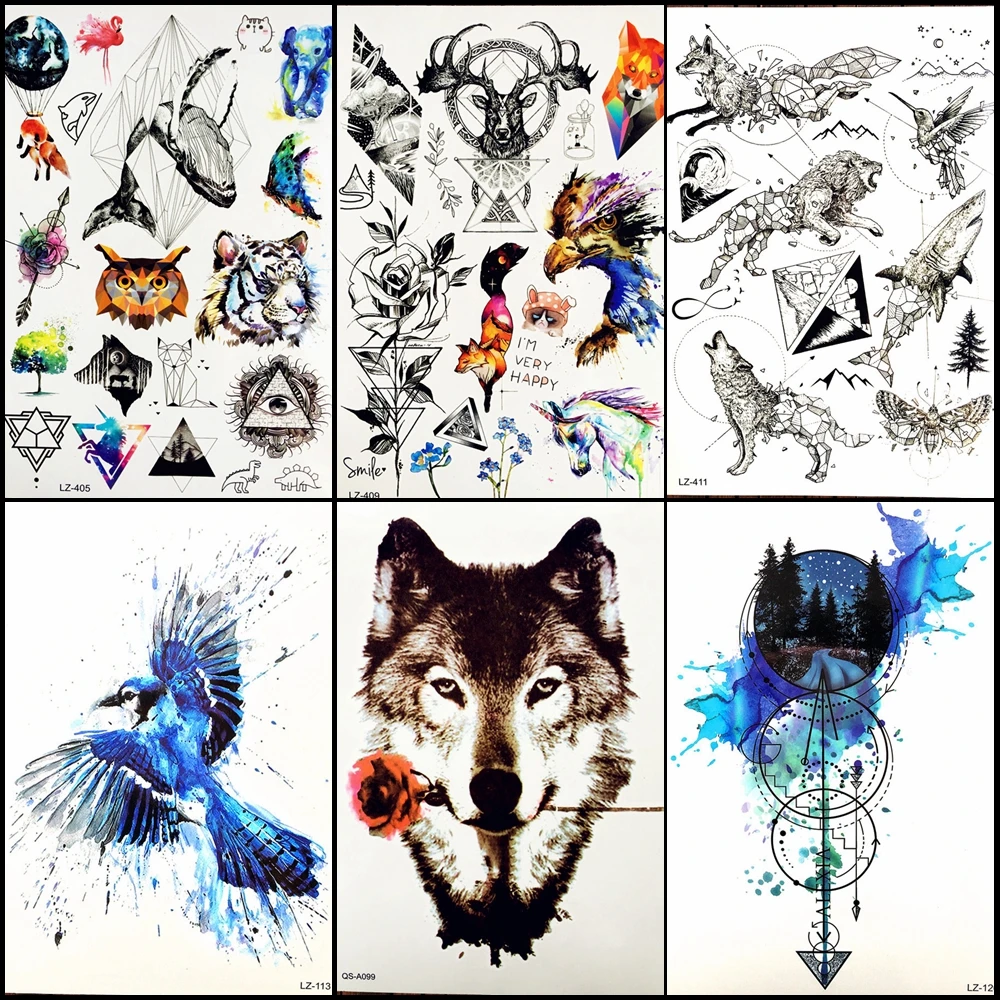 

Watercolor Tiger Owl Head Temporary Tattoo Stickers Balloon Fox Geometry Body Art Whale Waterproof Fake Triangle; Tattoo Sticker