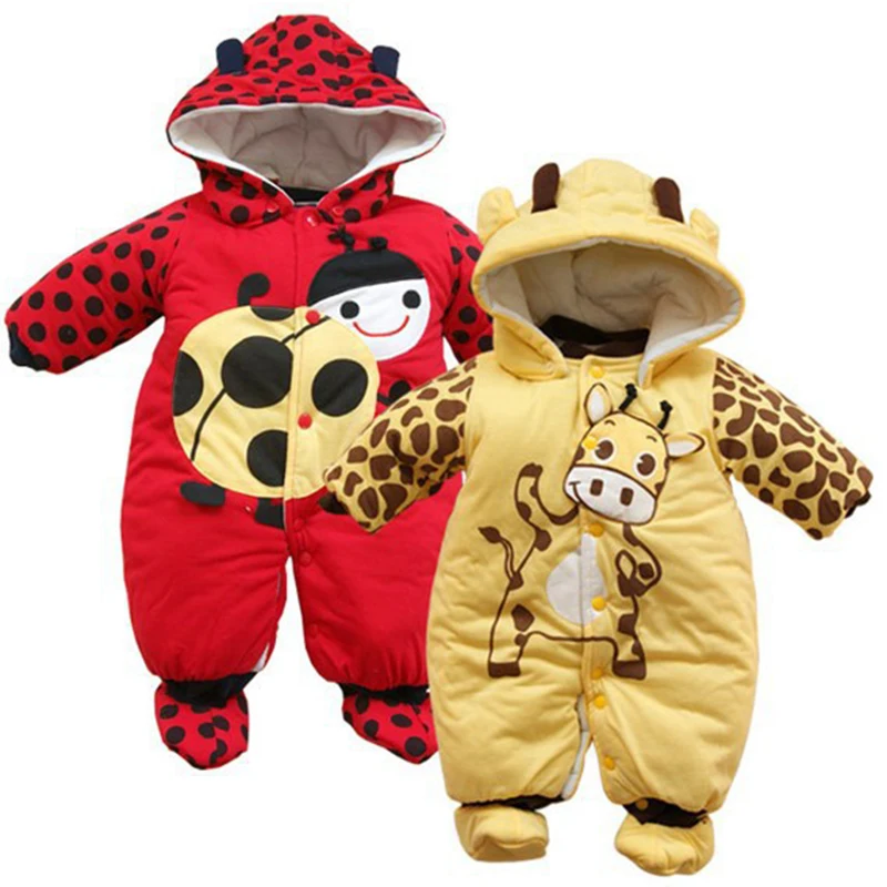 newborn baby clothes winter thicken warm Costume cotton Animals print Hooded one piece romper for 0-9m baby boy girl outwear