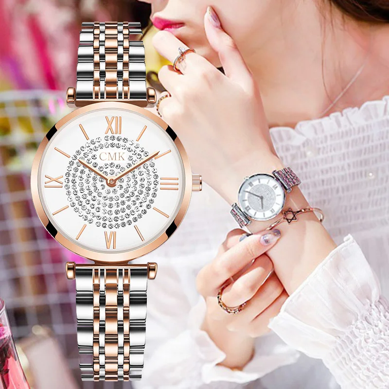 

2019 New Famous Brand Gold Crystal Casual Quartz Watch Women Stainless Steel Dress Watches Relogio Feminino Roman Numerals Watch