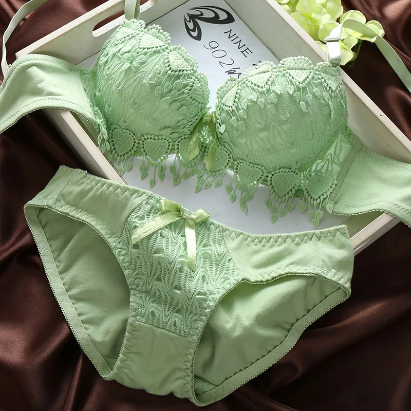 sexy lace tassle lingerie bra set - green