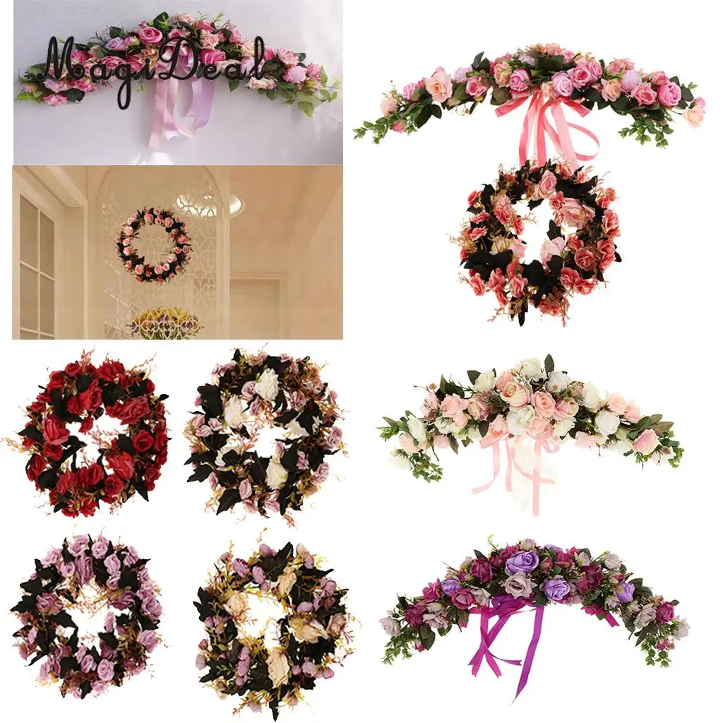 Artificial Silk Rose Wreath Ring Wall Door Lintel Flower Trim Mirror Flower Garland Hanging Wedding Background Prop