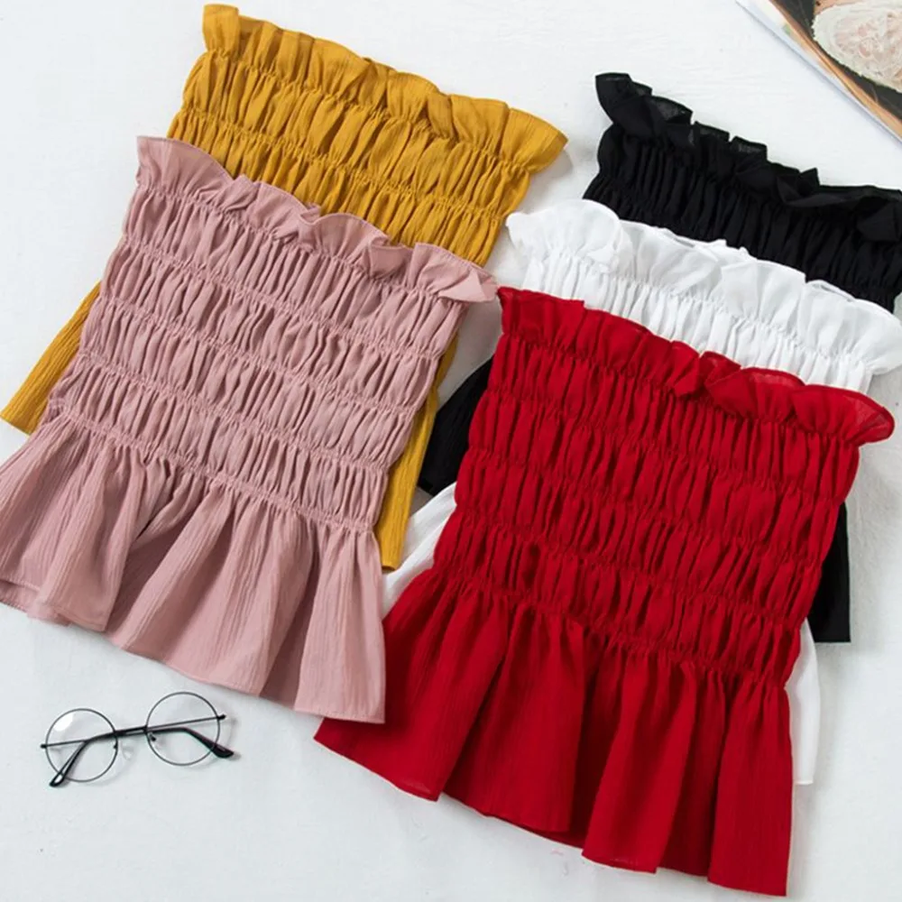 

Womens Summer Off The Shoulder Strapless Bandeau Crop Top Tiered Pleated Shirred Sweet Solid Color Vest Shirt Bodycon Ruffles Fr